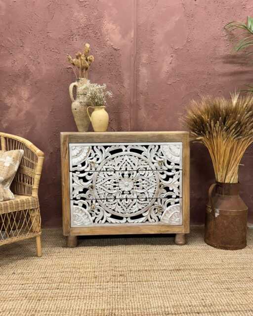 Hand-Carved Mango Wood Chest - 3 Drawers With Whitewashed - image 1