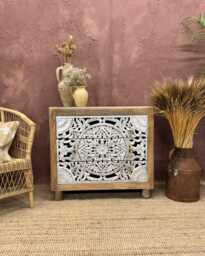 Hand-Carved Mango Wood Chest - 3 Drawers With Whitewashed - thumbnail 1