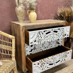 Hand-Carved Mango Wood Chest - 3 Drawers With Whitewashed - thumbnail 4
