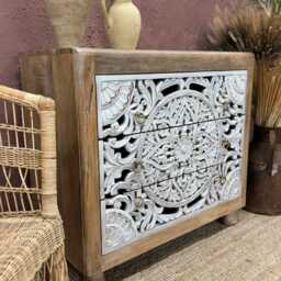 Hand-Carved Mango Wood Chest - 3 Drawers With Whitewashed - thumbnail 2