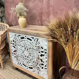 Hand-Carved Mango Wood Chest - 3 Drawers With Whitewashed - thumbnail 3