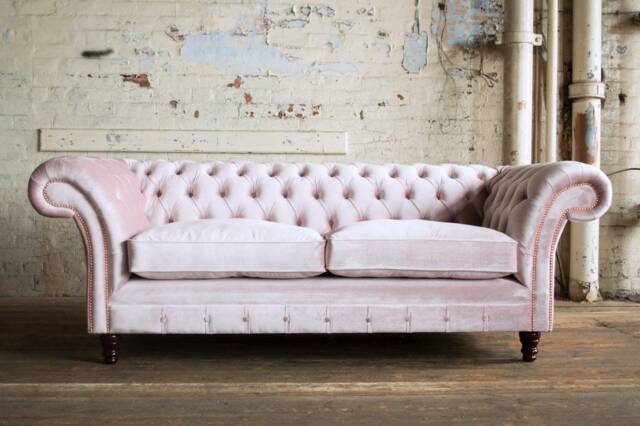 3 Seater Dusty Pink Velvet Fabric Chesterfield Sofa, British Handmade - image 1