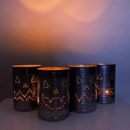 Set Of 4 Upcycled Jack O Lanterns Halloween Tin Cans - thumbnail 3
