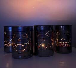 Set Of 4 Upcycled Jack O Lanterns Halloween Tin Cans - thumbnail 1