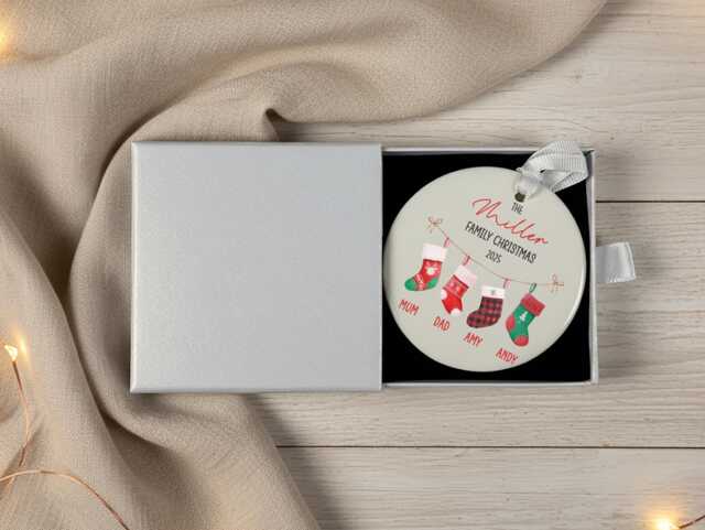 Christmas Ornament Family Stockings Design - Ceramic, Custom Names - image 1