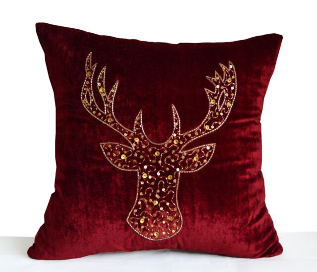 Luxury Red Velvet Christmas Pillow Cover With Gold Sequin Stag, Pillowcase, Sequined Deer Pillows, Xmas D??cor, Pillows - image 1