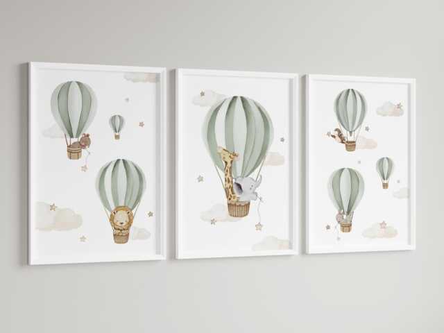 Baby Nursery Animal Air Balloon Prints - Boy Girl Unframed Neutral - image 1