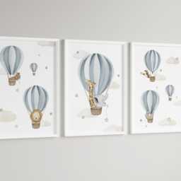 Baby Nursery Animal Air Balloon Prints - Boy Girl Unframed Neutral - thumbnail 2