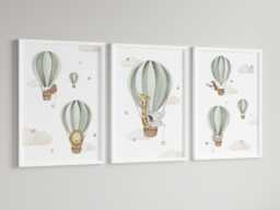 Baby Nursery Animal Air Balloon Prints - Boy Girl Unframed Neutral - thumbnail 1