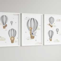 Baby Nursery Animal Air Balloon Prints - Boy Girl Unframed Neutral - thumbnail 3