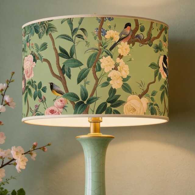 Lampshade For Table Lamp Or Pendant - Handcrafted Birds & Roses On Green Background - image 1