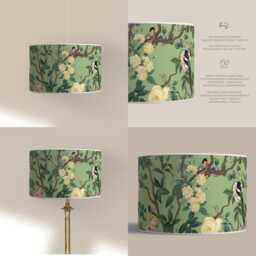 Lampshade For Table Lamp Or Pendant - Handcrafted Birds & Roses On Green Background - thumbnail 3