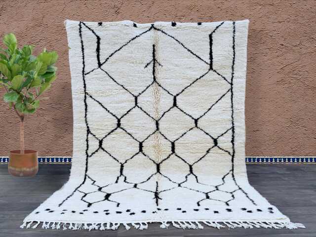 Beni Ourain Moroccan Rug 5.3x7.10 Ft - Handmade Wool Berber Carpet Ivory With Black Lattice Pattern Authentic Tribal Area - image 1