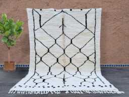 Beni Ourain Moroccan Rug 5.3x7.10 Ft - Handmade Wool Berber Carpet Ivory With Black Lattice Pattern Authentic Tribal Area