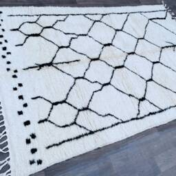 Beni Ourain Moroccan Rug 5.3x7.10 Ft - Handmade Wool Berber Carpet Ivory With Black Lattice Pattern Authentic Tribal Area - thumbnail 2