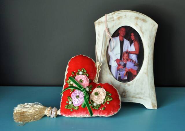 Wedding Rings Pillow, Red Heart Small Embroidered Velvet Pillow - image 1