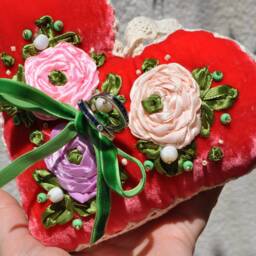 Wedding Rings Pillow, Red Heart Small Embroidered Velvet Pillow - thumbnail 3