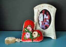 Wedding Rings Pillow, Red Heart Small Embroidered Velvet Pillow - thumbnail 1