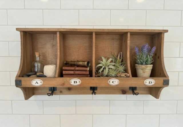 Farmhouse Style Rustic Wood Wall Shelf - 4 Pigeon Holes & 3 Coat Hooks - image 1