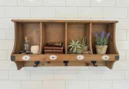 Farmhouse Style Rustic Wood Wall Shelf - 4 Pigeon Holes & 3 Coat Hooks - thumbnail 1