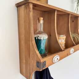 Farmhouse Style Rustic Wood Wall Shelf - 4 Pigeon Holes & 3 Coat Hooks - thumbnail 2