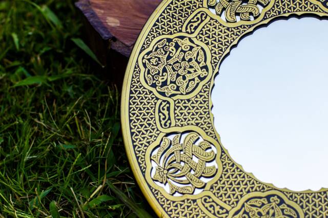 Authentic Antique Handmade Etched Brass Mirror - Egyptian Oriental Geometry Patterns Wall Mirror- Arabic Original Mount- Hanging - image 1