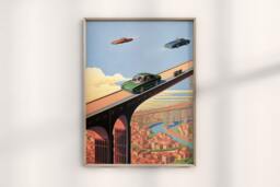Guy Buillot Flying Car Futuristic Print, Surreal Auto Sky Artwork, Modern Transportation Vision, Authentic Future Vehicles Decor - thumbnail 1