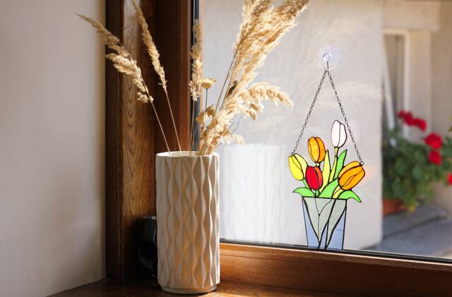 stained Glass Mum Gift Bouquet Flower Tulips Suncatcher Farmhouse Teacher Decor Flowerpot Window Wall Hangings, Living Room Art - image 1