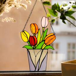 stained Glass Mum Gift Bouquet Flower Tulips Suncatcher Farmhouse Teacher Decor Flowerpot Window Wall Hangings, Living Room Art - thumbnail 4
