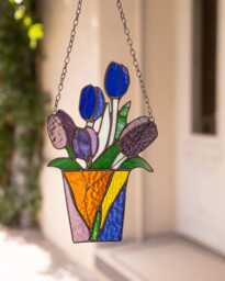 stained Glass Mum Gift Bouquet Flower Tulips Suncatcher Farmhouse Teacher Decor Flowerpot Window Wall Hangings, Living Room Art - thumbnail 1