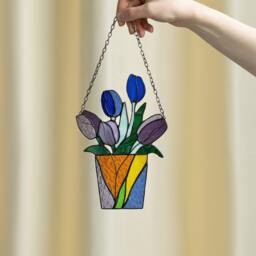 stained Glass Mum Gift Bouquet Flower Tulips Suncatcher Farmhouse Teacher Decor Flowerpot Window Wall Hangings, Living Room Art - thumbnail 3