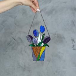 stained Glass Mum Gift Bouquet Flower Tulips Suncatcher Farmhouse Teacher Decor Flowerpot Window Wall Hangings, Living Room Art - thumbnail 2