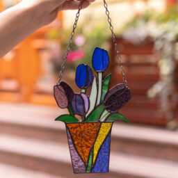stained Glass Mum Gift Bouquet Flower Tulips Suncatcher Farmhouse Teacher Decor Flowerpot Window Wall Hangings, Living Room Art - thumbnail 4