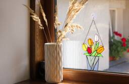 stained Glass Mum Gift Bouquet Flower Tulips Suncatcher Farmhouse Teacher Decor Flowerpot Window Wall Hangings, Living Room Art - thumbnail 1