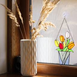 stained Glass Mum Gift Bouquet Flower Tulips Suncatcher Farmhouse Teacher Decor Flowerpot Window Wall Hangings, Living Room Art - thumbnail 2