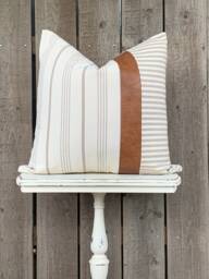 1 Modern Farmhouse Wide Striped Pillow Cover W/Faux Leather Accent - Woven Stripe Cream Backing Choose Your Pattern