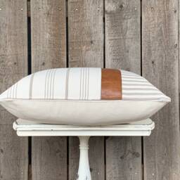 1 Modern Farmhouse Wide Striped Pillow Cover W/Faux Leather Accent - Woven Stripe Cream Backing Choose Your Pattern - thumbnail 2