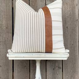 1 Modern Farmhouse Wide Striped Pillow Cover W/Faux Leather Accent - Woven Stripe Cream Backing Choose Your Pattern - thumbnail 3