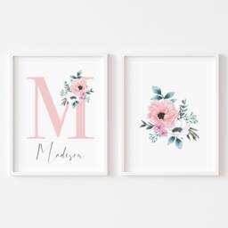 Personalised Floral Initial Prints Set Of 2 Pink Bedroom Wall Art - Unframed - thumbnail 3