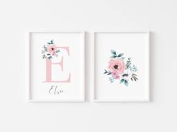 Personalised Floral Initial Prints Set Of 2 Pink Bedroom Wall Art - Unframed - thumbnail 1