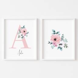Personalised Floral Initial Prints Set Of 2 Pink Bedroom Wall Art - Unframed - thumbnail 2
