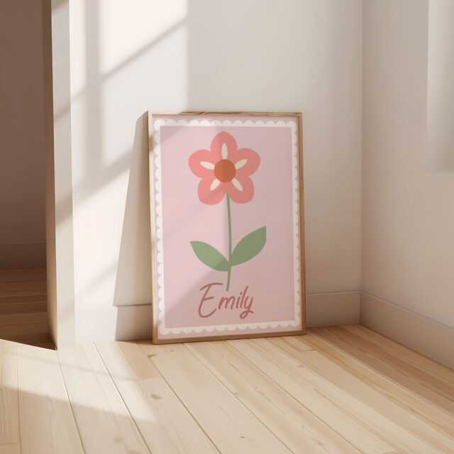 Girls Pretty Personalised Pink Flower Wall Print For Bedroom Or Nursery - Only - image 1
