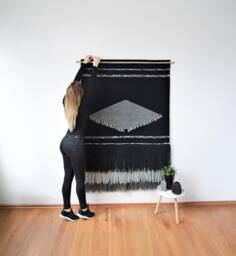 Large Black Wall Hanging - Woven Tapestry Art Modern Macrame Decor Statement Yarn Minimalist Fiber Home - thumbnail 1