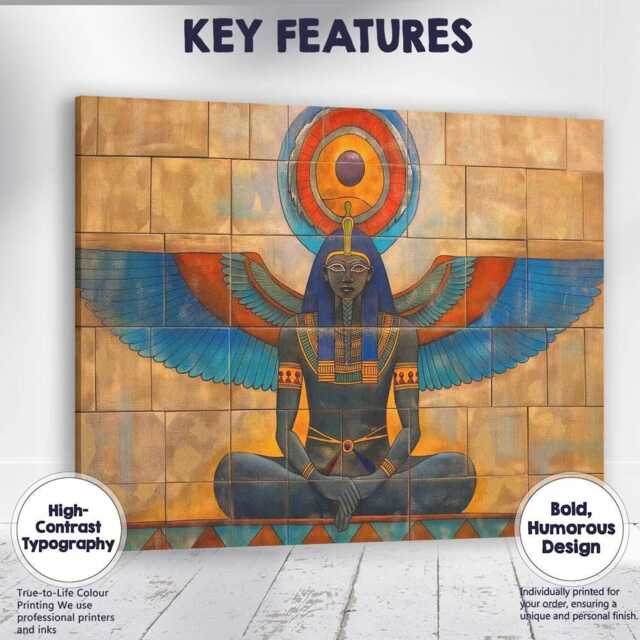 Seated Egyptian Goddess With Blue Wings Temple Wall Art Canvas Print Decor Picture Ready To Hang - image 1
