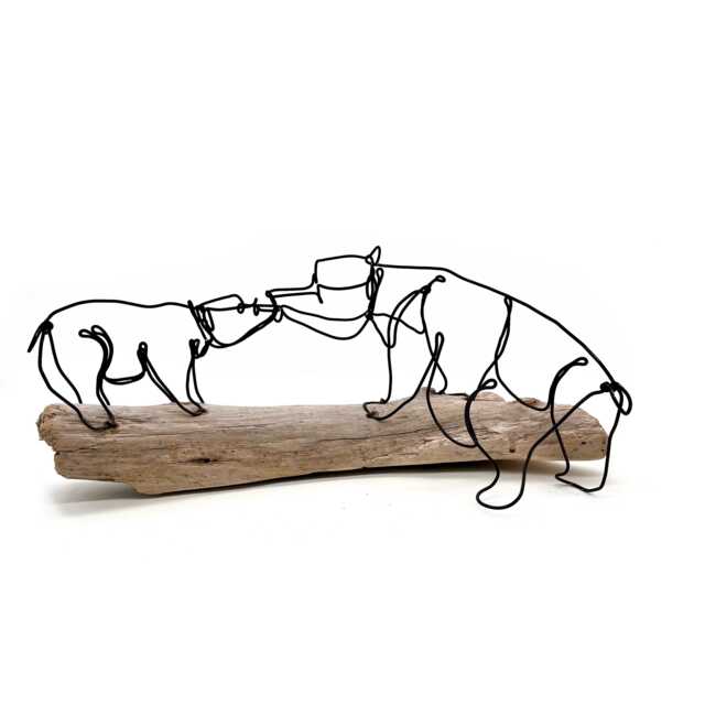 Mama Bear & Cub Wire Sculpture Minimalist Art, Driftwood Base - image 1