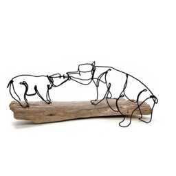 Mama Bear & Cub Wire Sculpture Minimalist Art, Driftwood Base - thumbnail 1