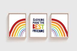 Set Of 3 Rainbow Prints, Wall Art, Sister Bedroom Big Sis Lil Sis, Sibling Colourful, Playroom - thumbnail 1