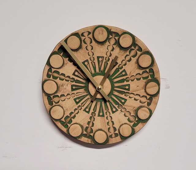 Hand Made Circular Round Matt Green & Natural Ceramic Wall Clock Quartz 20 cm Diam - image 1