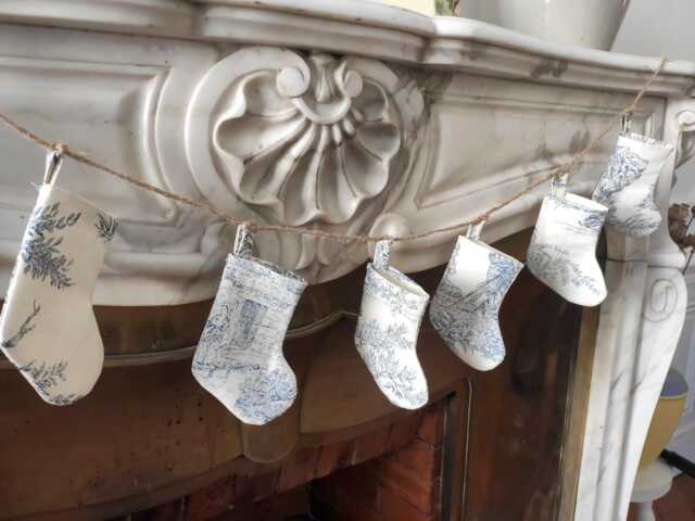 Mini Toile De Jouy Christmas Stocking Garland, Red, Blue, Green, Holiday Decor - image 1