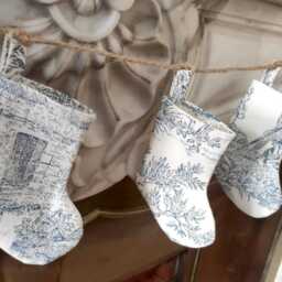 Mini Toile De Jouy Christmas Stocking Garland, Red, Blue, Green, Holiday Decor - thumbnail 2